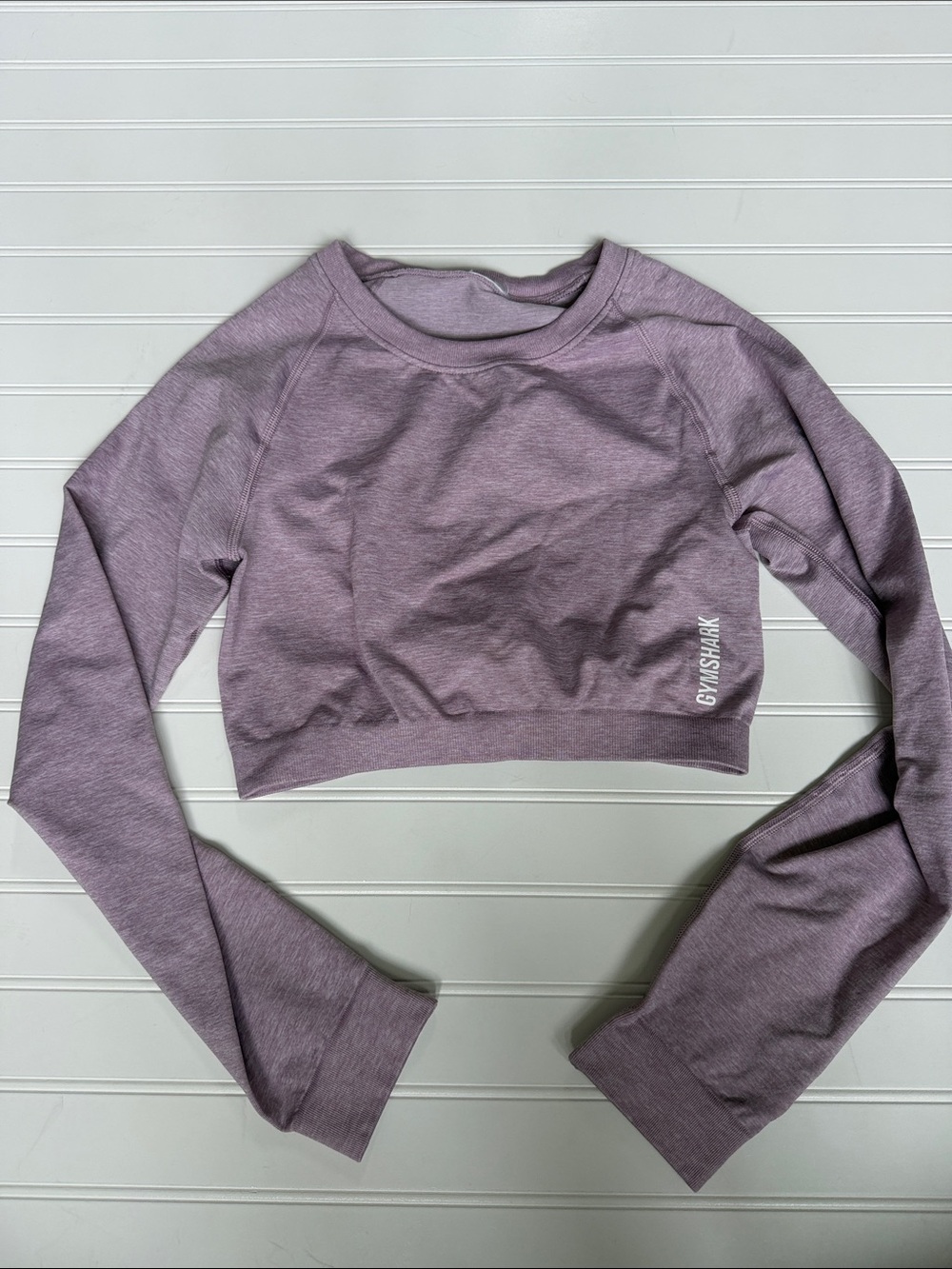 (208)Gymshark Purple Seamless Cropped Long Sleeve Workout Top Ruched Back